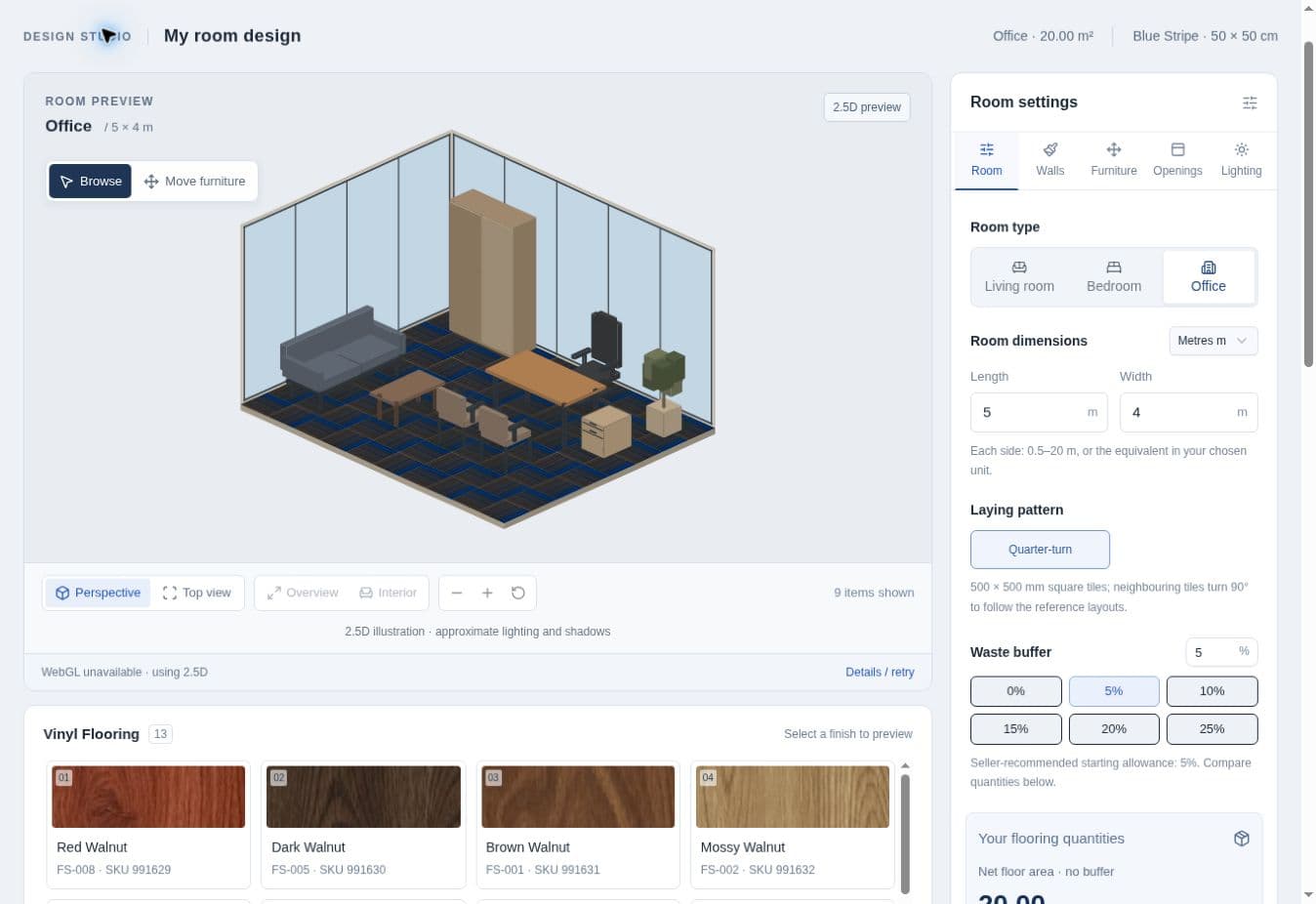 LAYGROUND studio showing an office with blue carpet tiles, furniture and room dimension controls